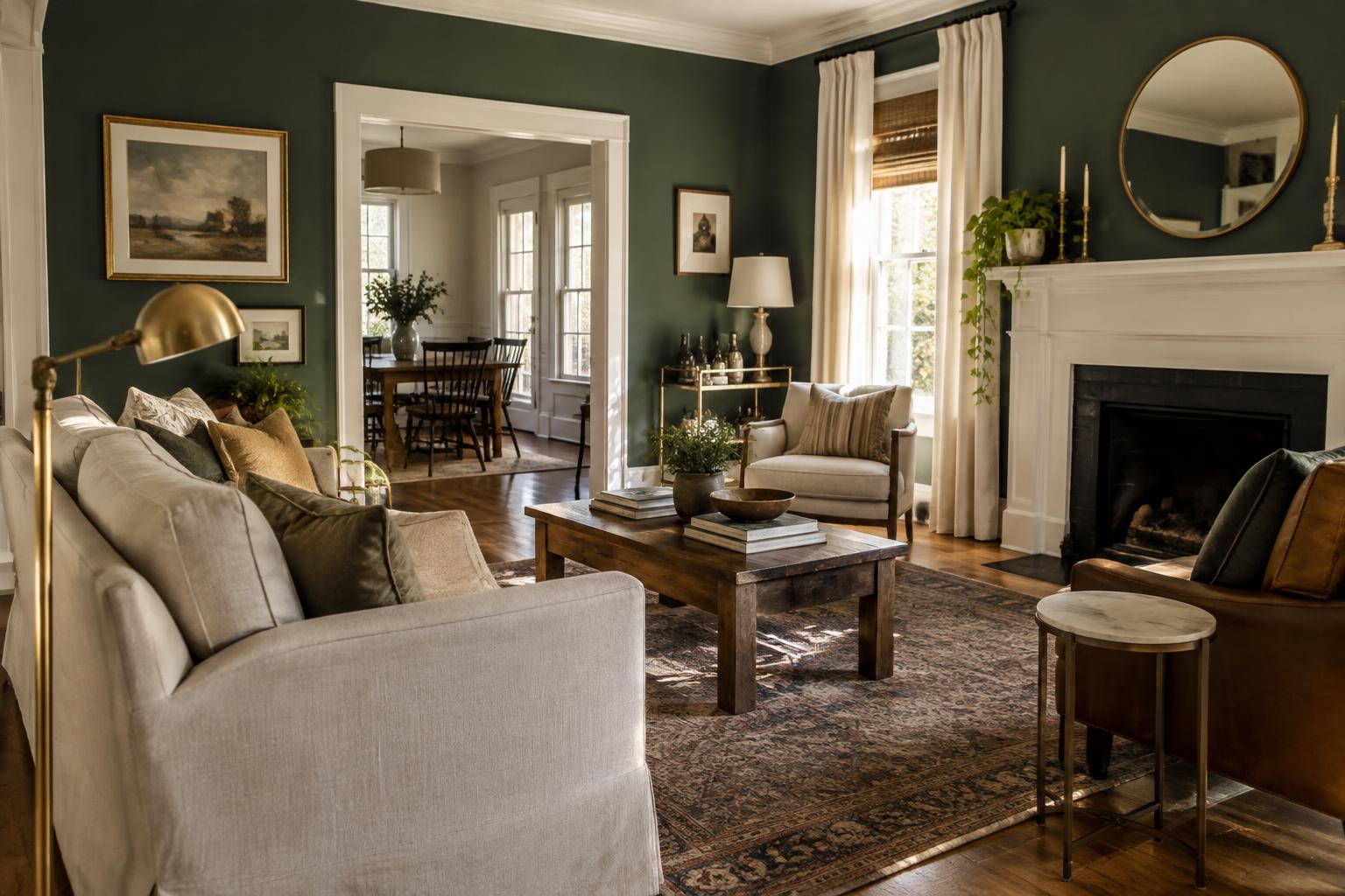 Green-walled living room with a white fireplace, round mirror, cream sofa and wooden coffee table