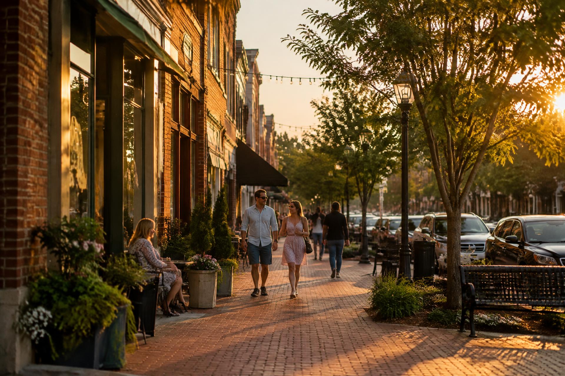 A revitalized brick main street at golden hour